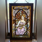 Vintage Art Nouveau Style Stain Glass Panel Woman Motif Large Hanging 23X36. Fixed Price $525.00.