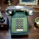 Vintage Western Electric 2500 Moss Green Desk Phone Gorham Silverplate Cover. Fixed Price $60.00.